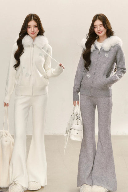 Ensemble haut en maille à flocons avec capuche et col en fourrure
