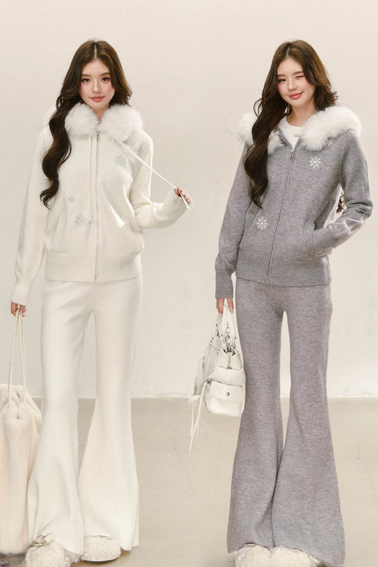 Ensemble haut en maille à flocons avec capuche et col en fourrure