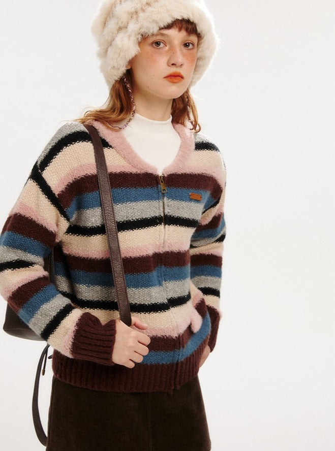 Retro Rainbow Stripe Wool Hooded Zipper Knitted Cardigan Coat