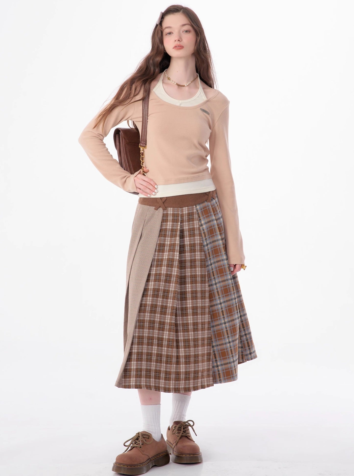 Paneled plaid midi thick tweed pleated skirt