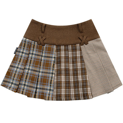 Paneled plaid midi thick tweed pleated skirt