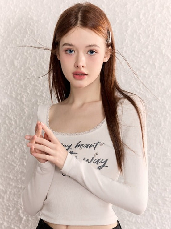 DIAMOND LETTER LACE WHITE LONG SLEEVE T-SHIRT