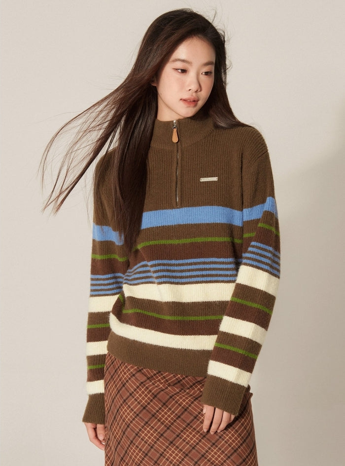 Retro Half-Zip High Neck Contrasting Striped Sweater