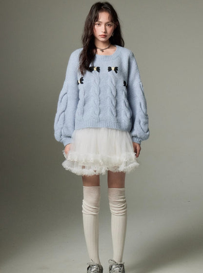 KNIT CREWNECK CABLE BOW SHIRT