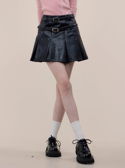 American pleated A-line PU leather skirt