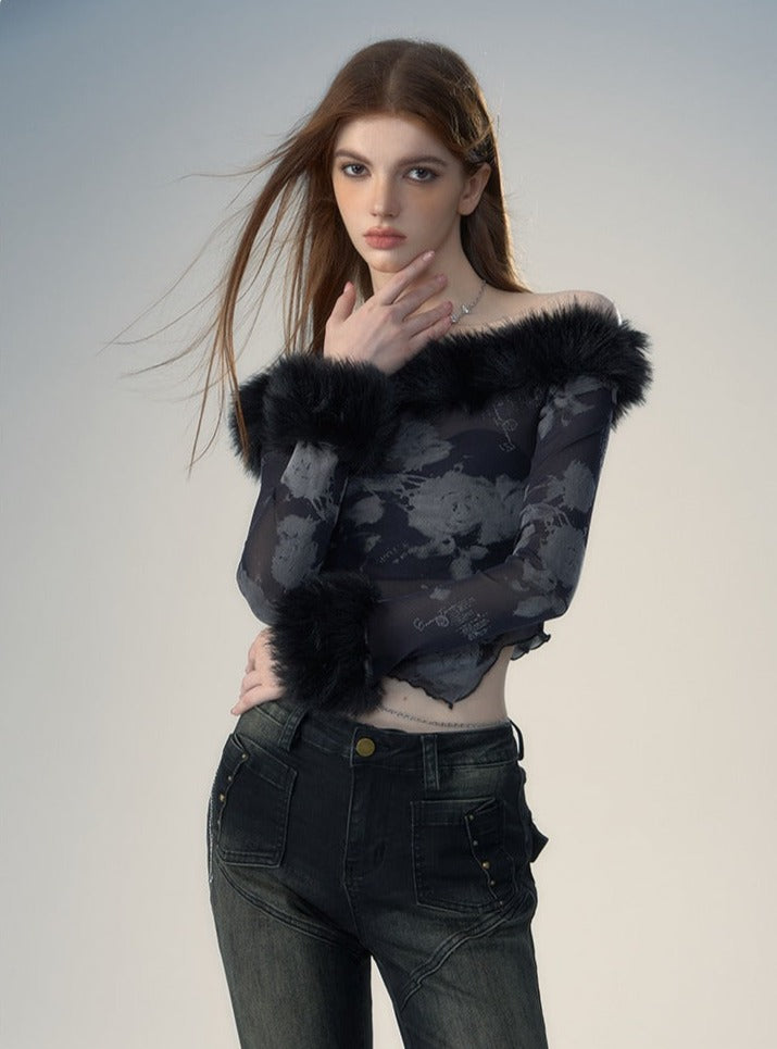 Fur collar long sleeve T-shirt