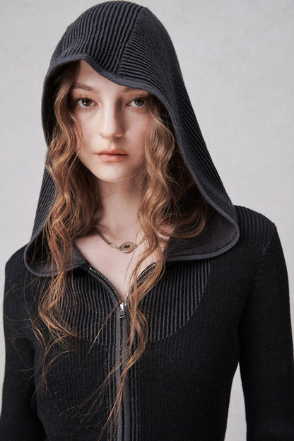 니트 후드 카디건 