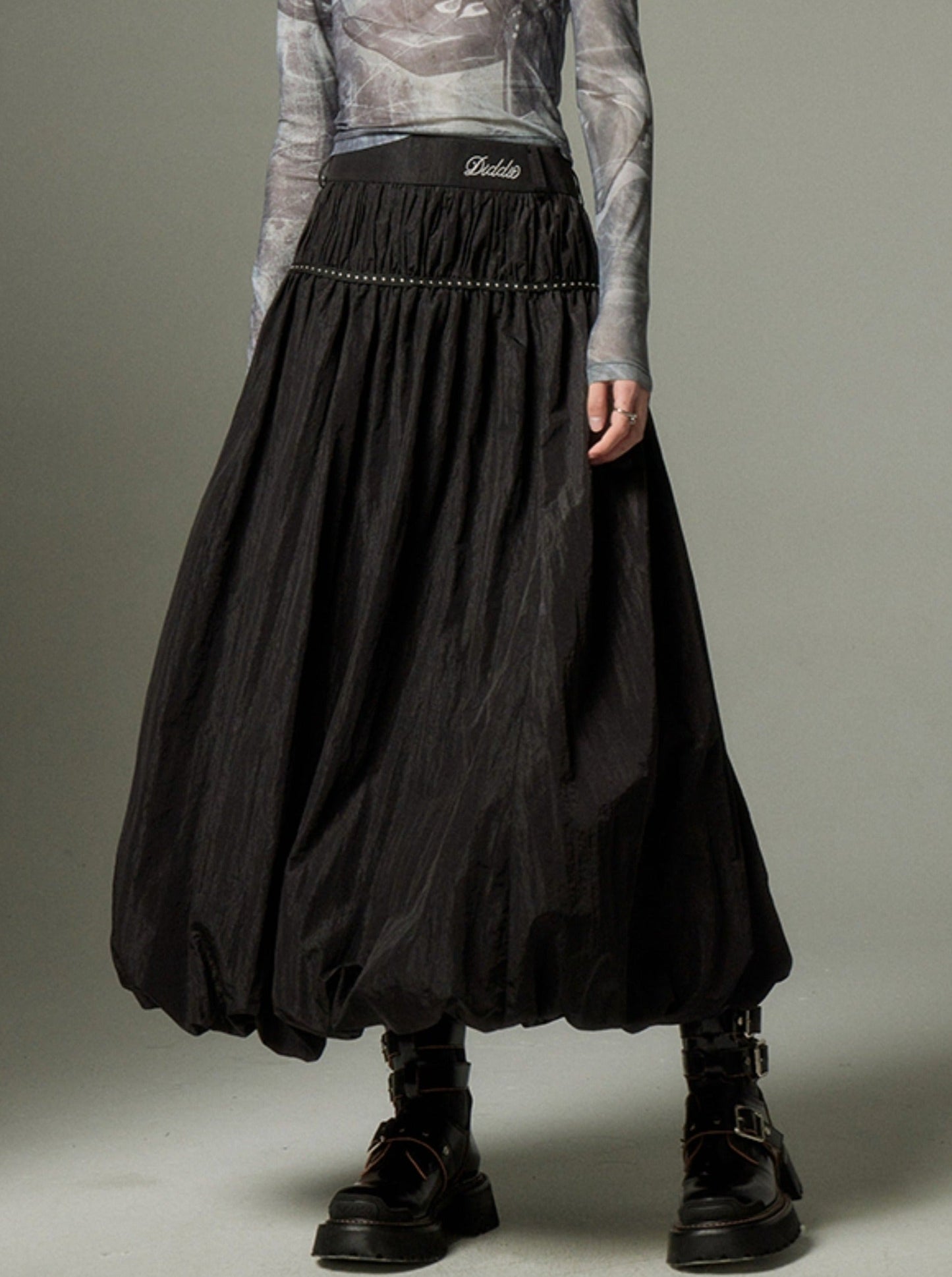 SOLID COLOR STUD BLACK A-LINE LONG SKIRT