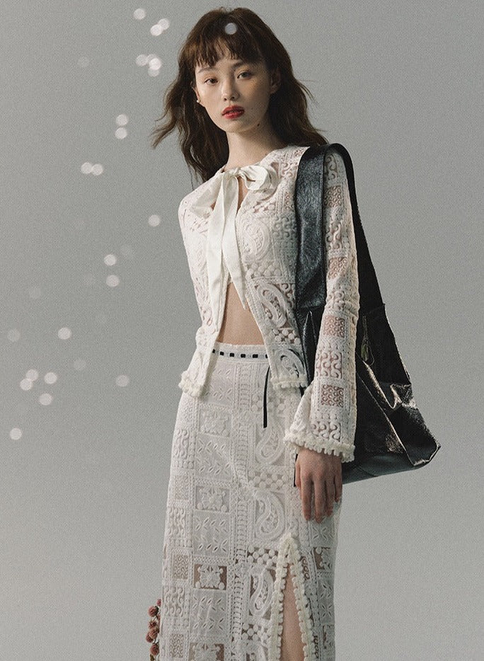 Lace top with long skirt high-end two-piece set