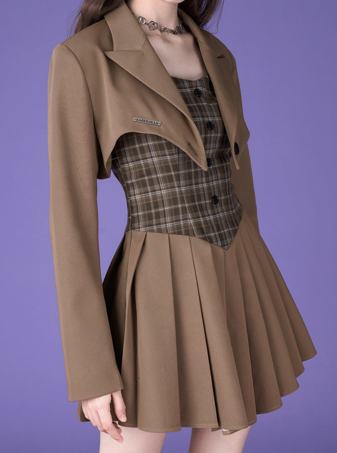 American college style brown grid suit dress set