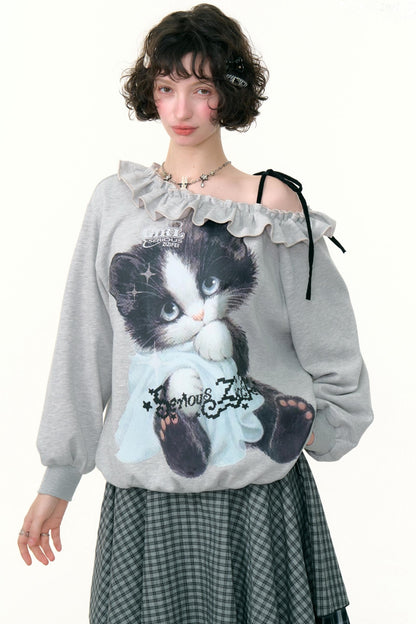 Cat Print Lazy Style Sweatshirt