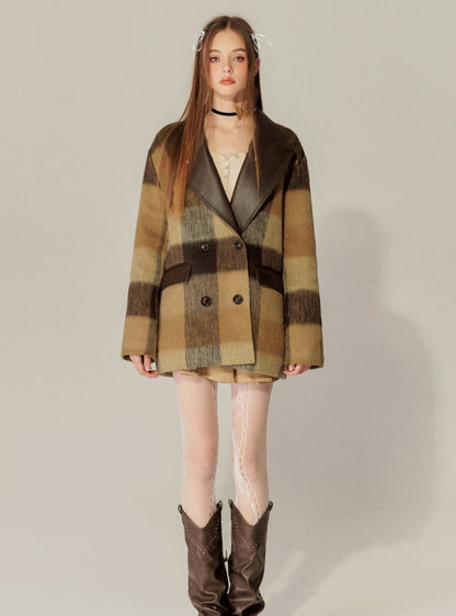 Plaid Patchwork Leather Varsity Coat