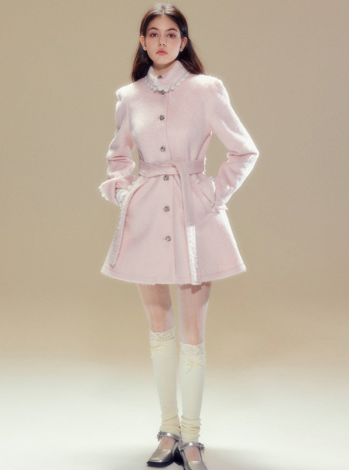 Pink tweed lace waist belt Coat