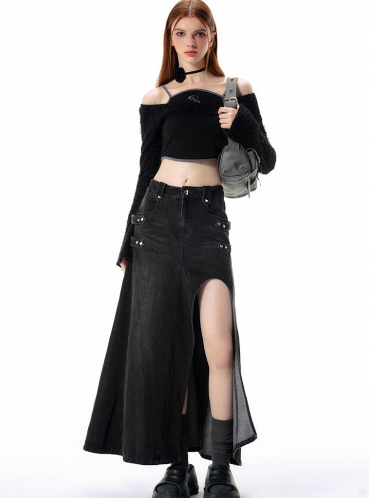 Hollow black slit denim Skirt