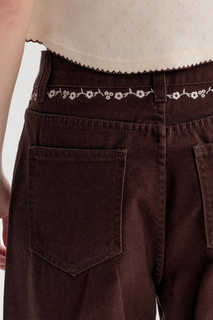 Rich Chocolate Floral Embroidery Wide-Leg Jeans