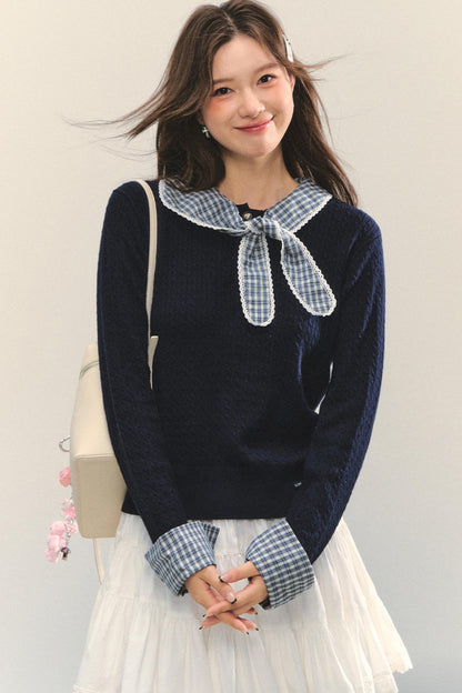 Contrast Plaid Panel Knit Sweater