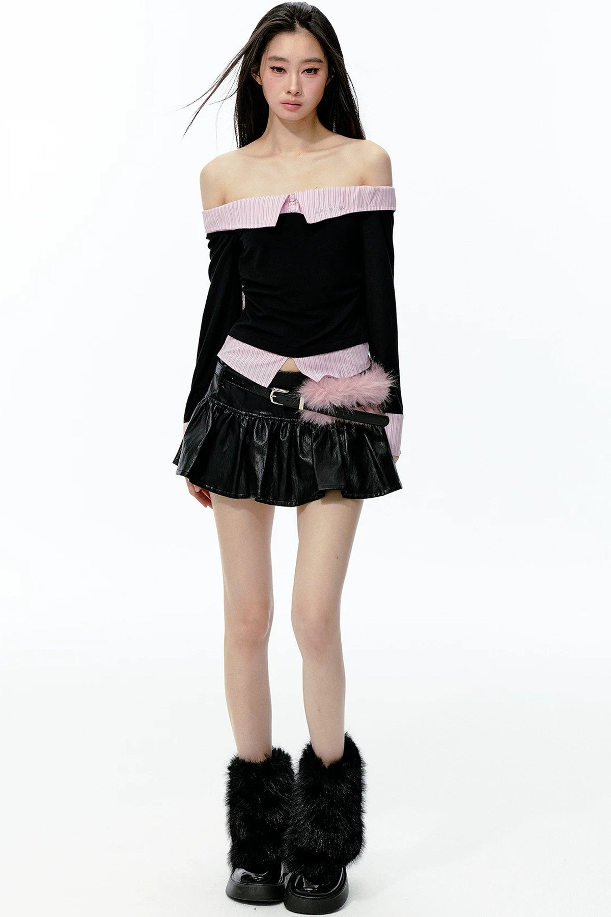 Black Pink Color-Blocked Off-Shoulder Ruched Top