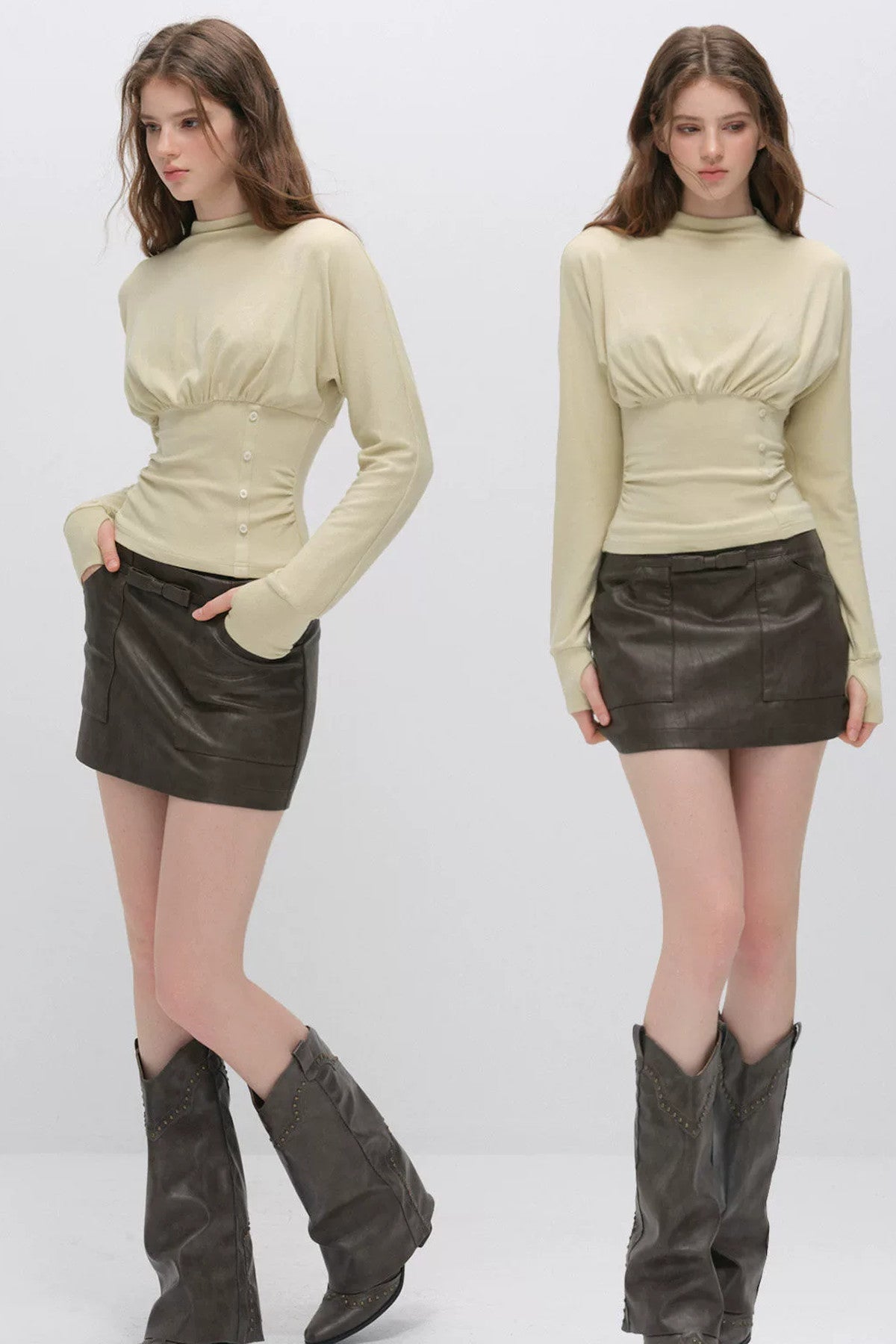 Pleated Side Button Knit Top and Skirt Set-Up