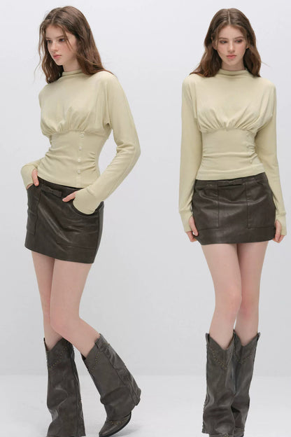 Pleated Side Button Knit Top and Skirt Set-Up