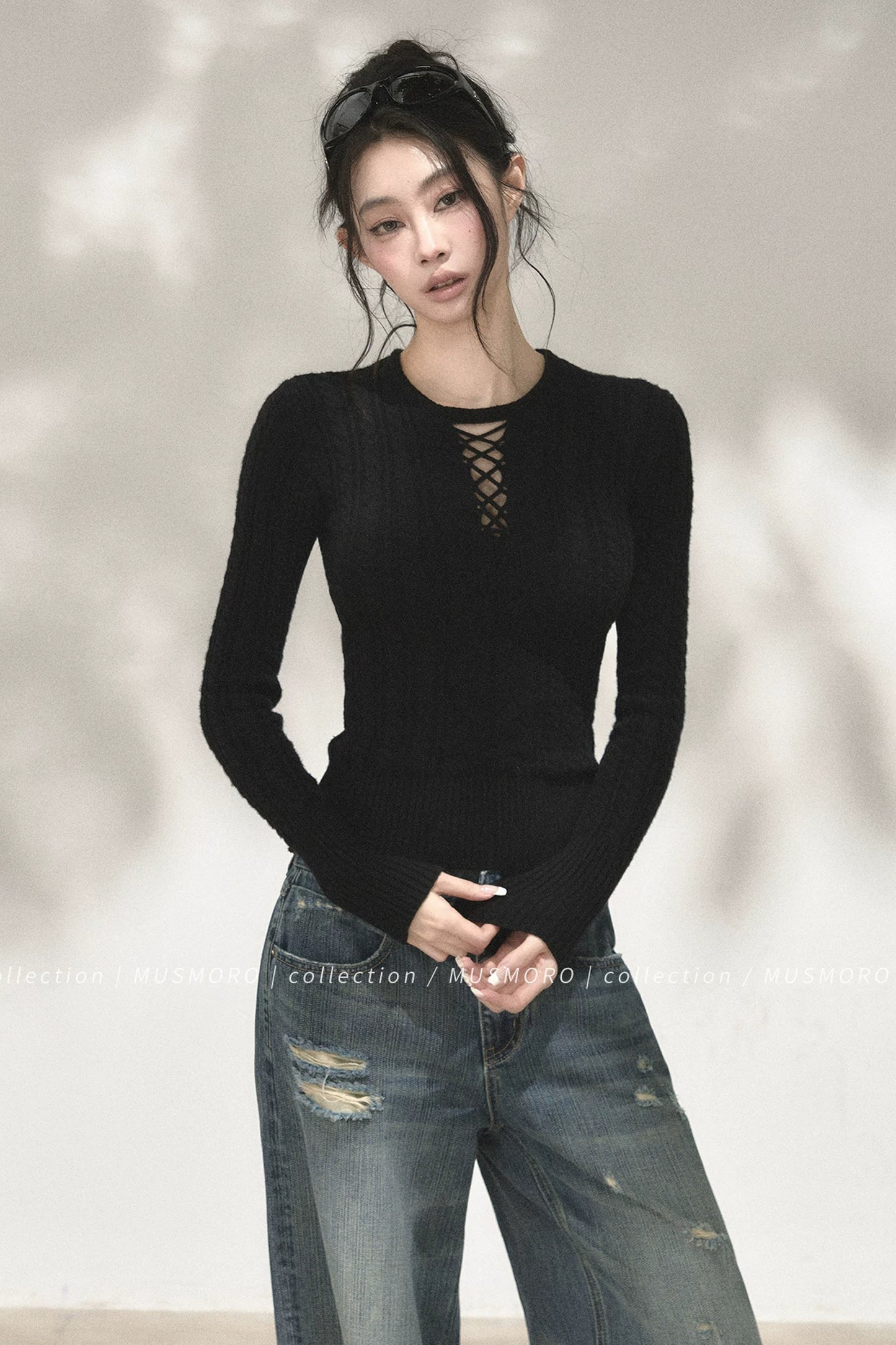 High-Stretch Lace-Up Knit Top