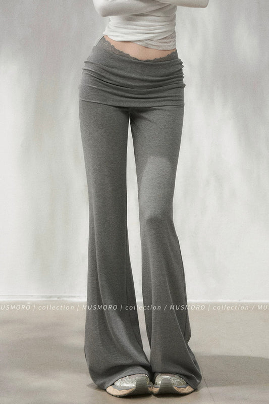 Lace Trim Folded Waistband Flared Pants