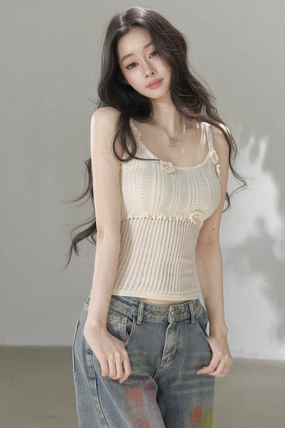 Handmade 3D Flower Hollow Knit Camisole