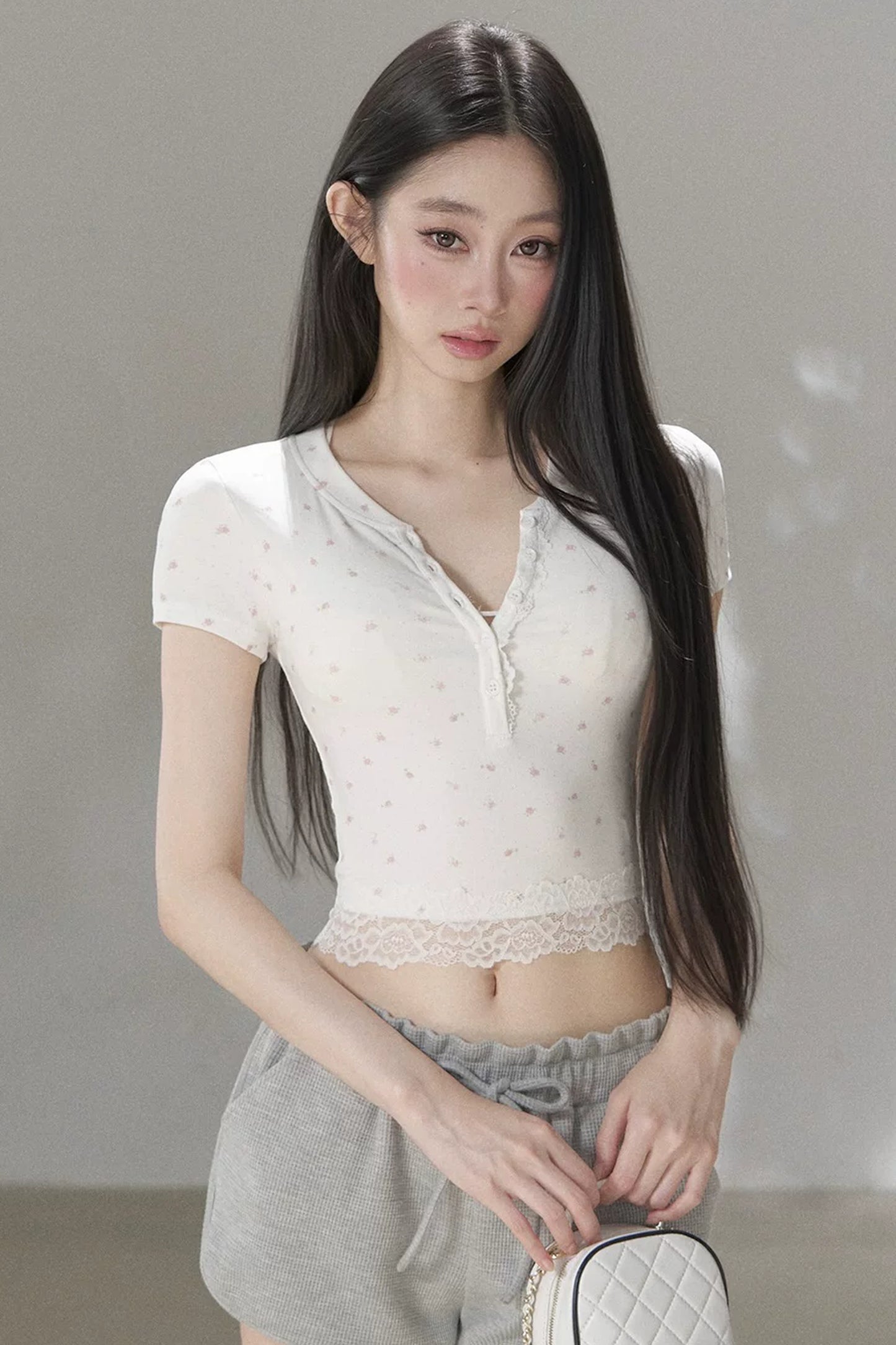 Floral Print Henley Lace Trim Top