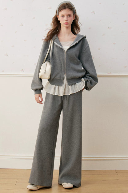 Lace Trim Double Zipper Hooded Jacket and Drawstring Pants Set-Up