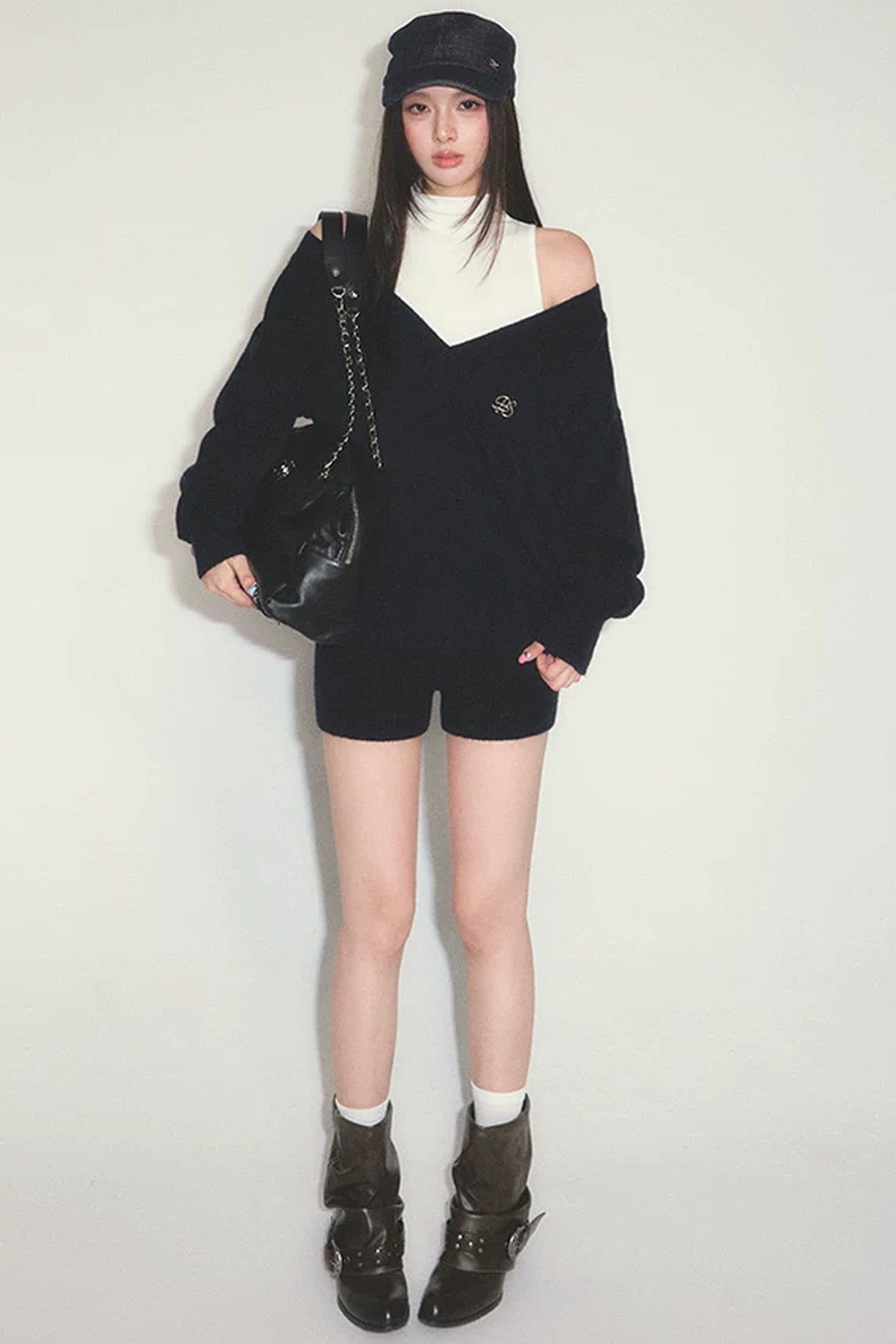 V-Neck Knitted Sweater with White Vest and Shorts Set
