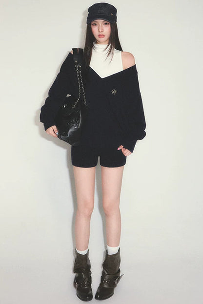 V-Neck Knitted Sweater with White Vest and Shorts Set