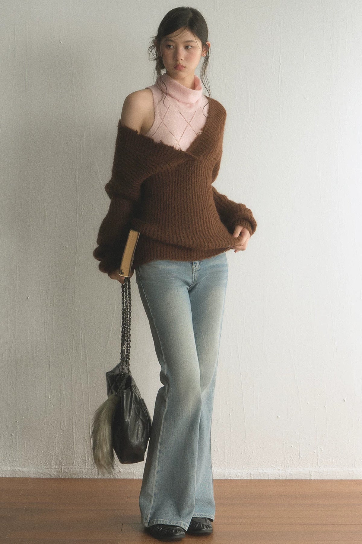 Off-Shoulder Knit Top With Vest and Pants Set-Up