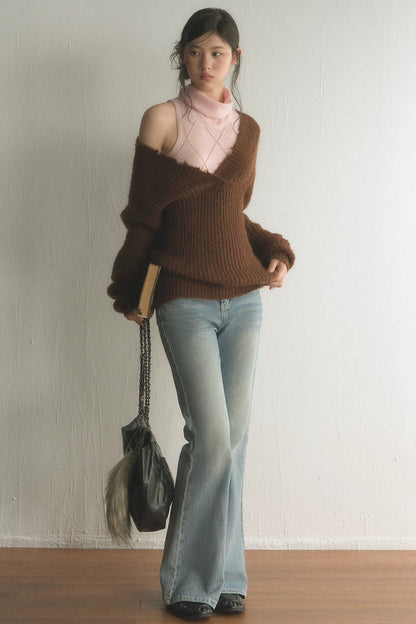 Off-Shoulder Knit Top With Vest and Pants Set-Up