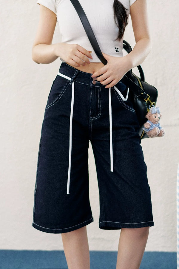 Washed Denim Drawstring Shorts