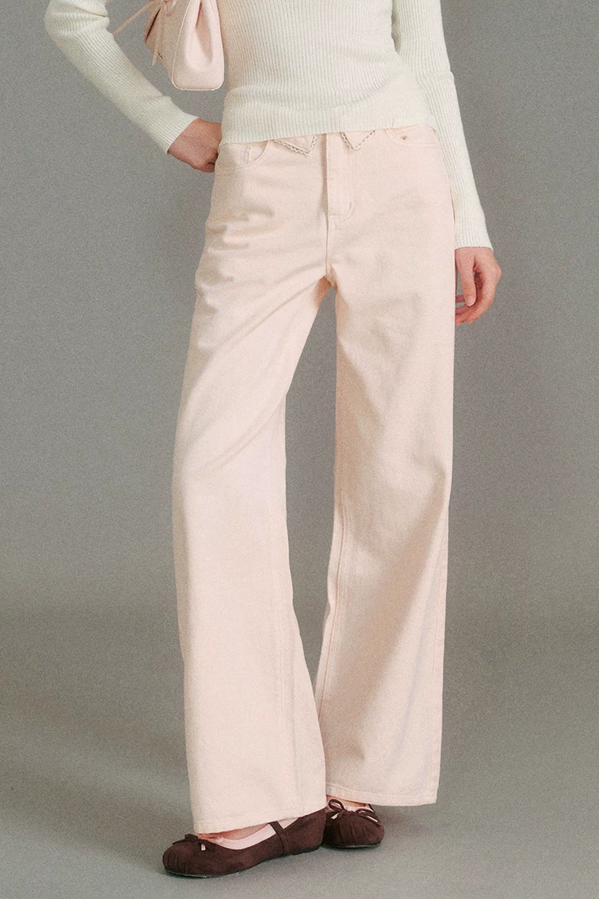 100% Cotton Folded Waistband Wide-Leg Jeans