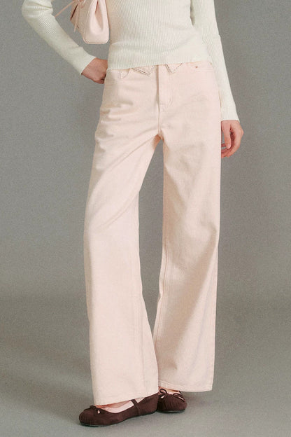 100% Cotton Folded Waistband Wide-Leg Jeans