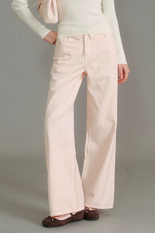 100% Cotton Folded Waistband Wide-Leg Jeans