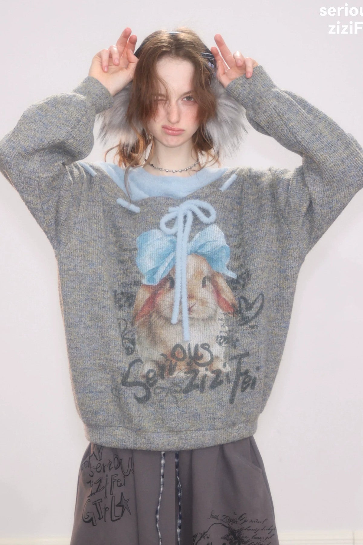 Rabbit Print Bow Knit Sweater