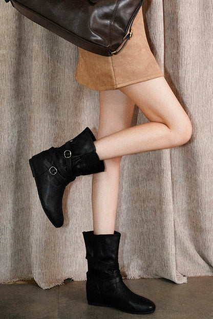 Round Toe Buckle Wedge Boots