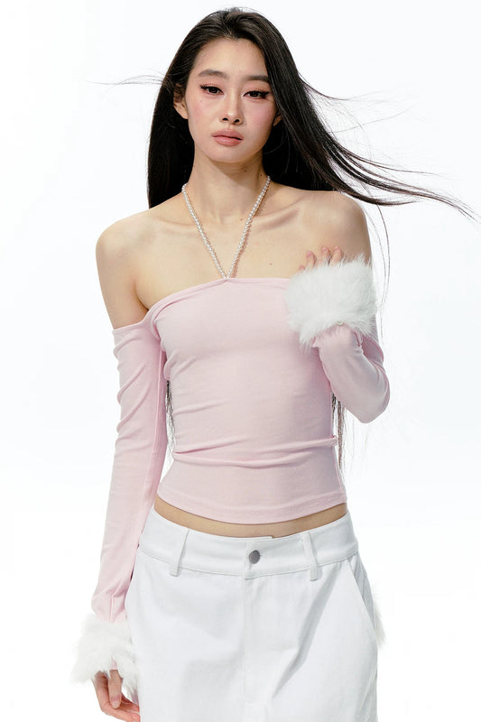 Pearl Halter Detachable Fur Knit Top