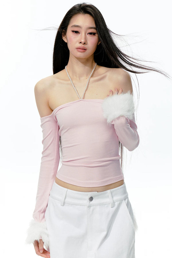 Pearl Halter Detachable Fur Knit Top