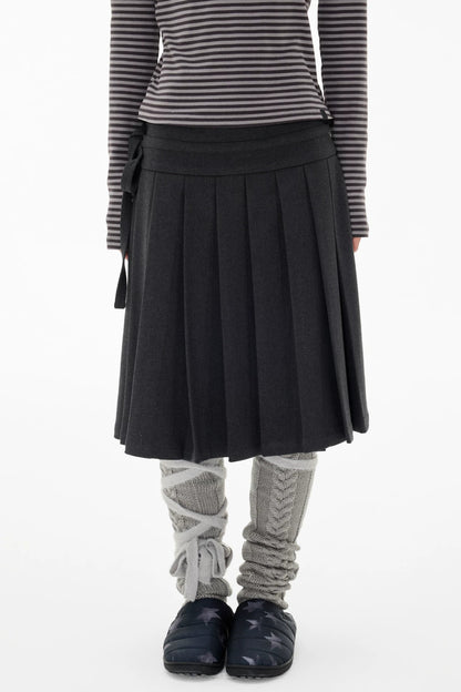 Double-Breasted Wool Coat and Pleated Skirt Set