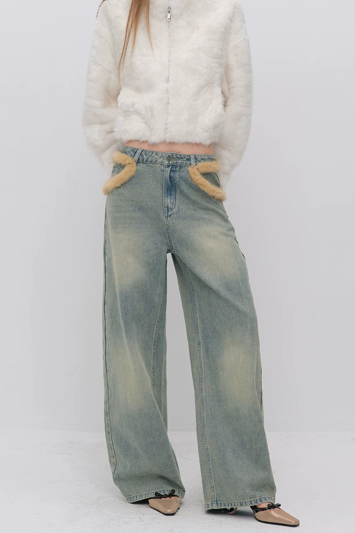 Fur Patch Wide-Leg Jeans