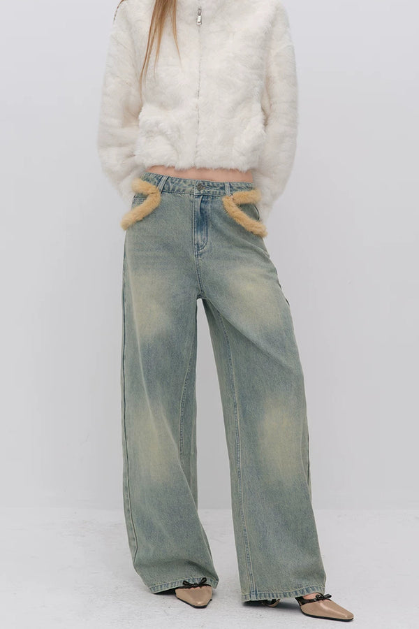 Fur Patch Wide-Leg Jeans