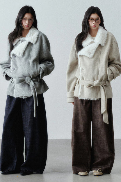 Plush Lapel Woolen Tie-Up Jacket
