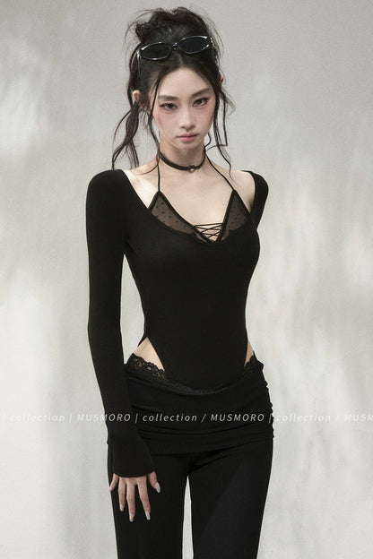 Polka Dot Mesh Lace-Up Knit T-Shirt
