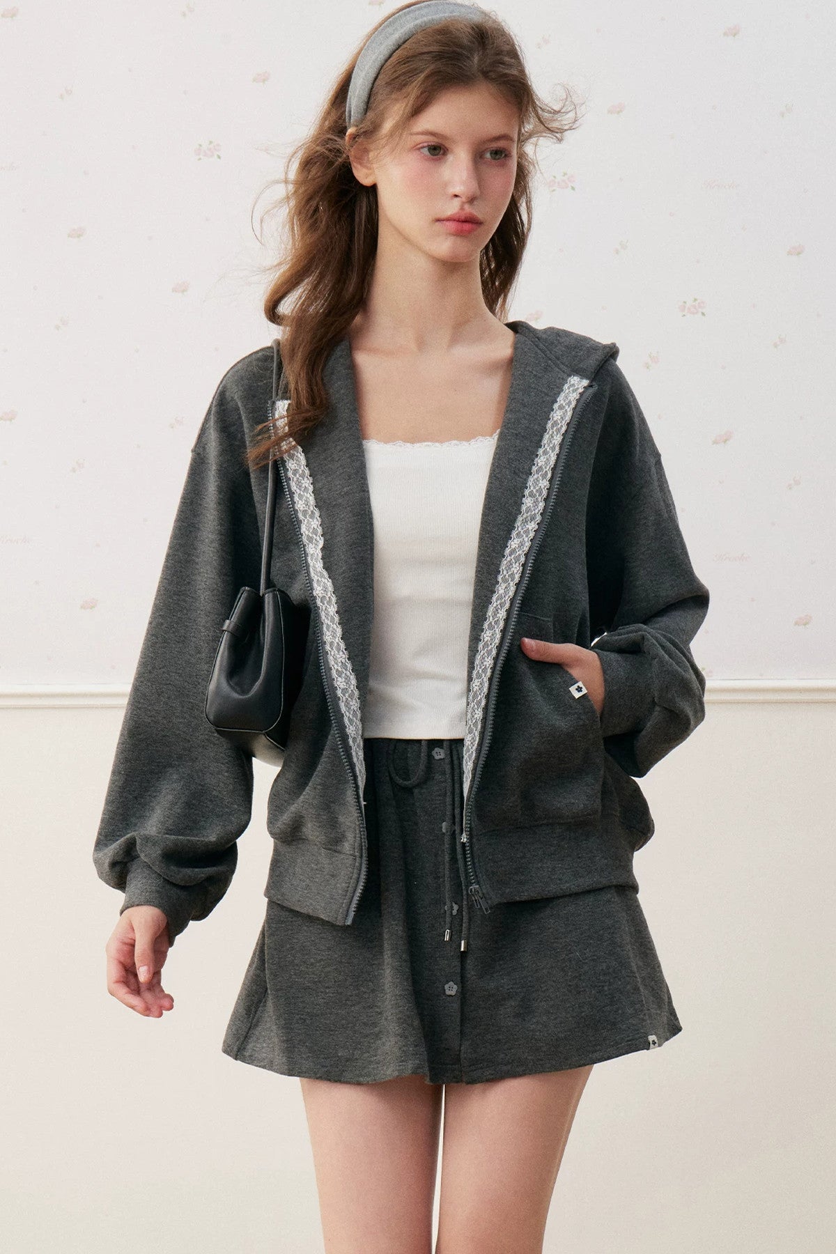 Lace Trim Hoodie And A-Line Skirt Set-Up