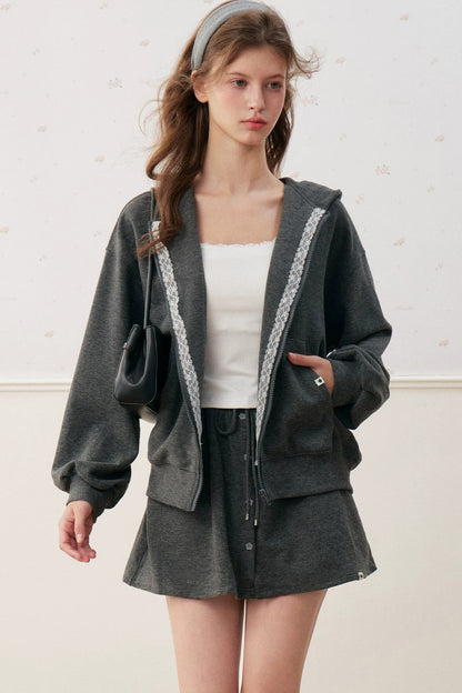 Lace Trim Hoodie And A-Line Skirt Set-Up