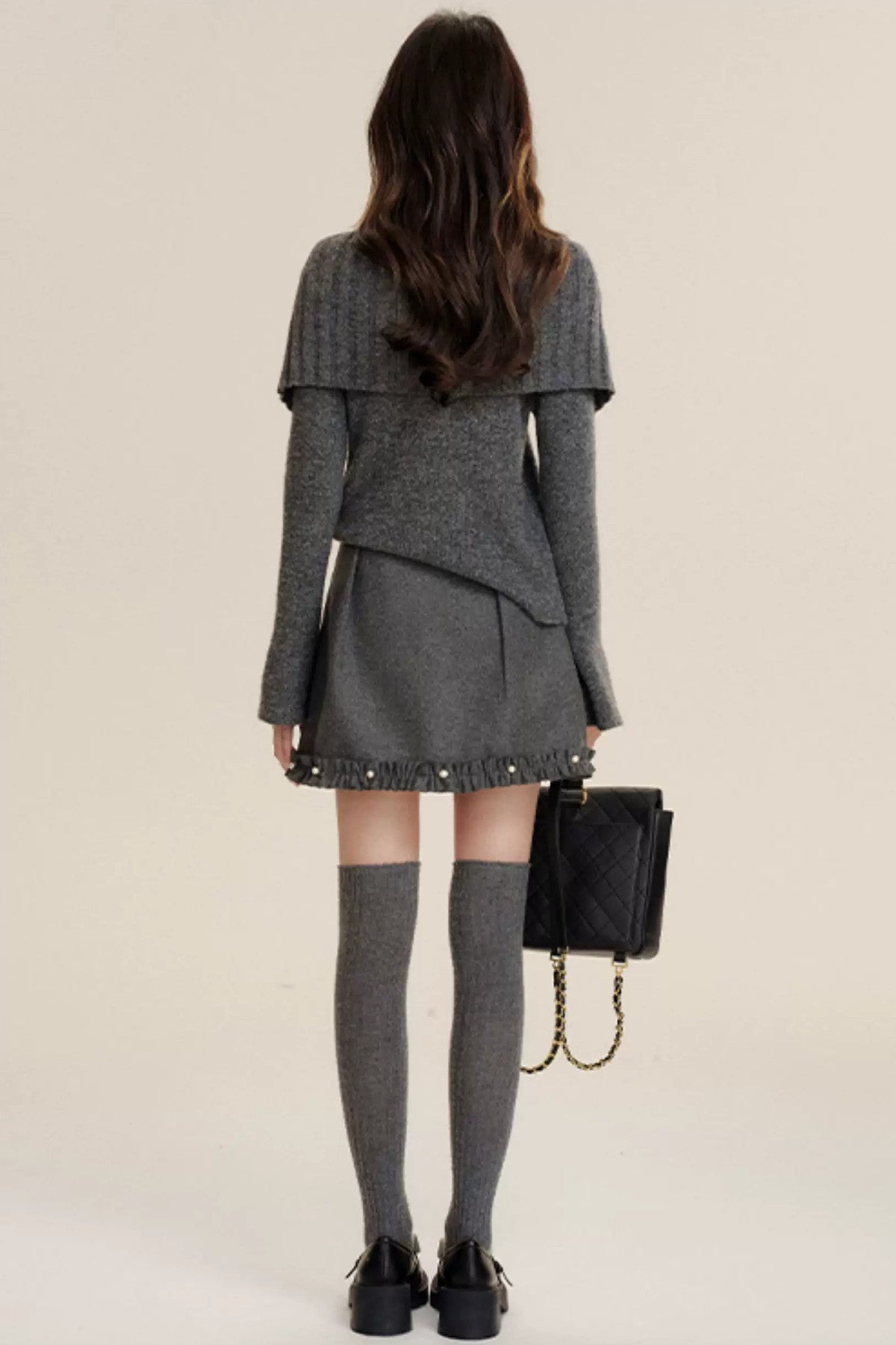 Bow-Knot Pearl Knit Sweater and Skirt Set-Up