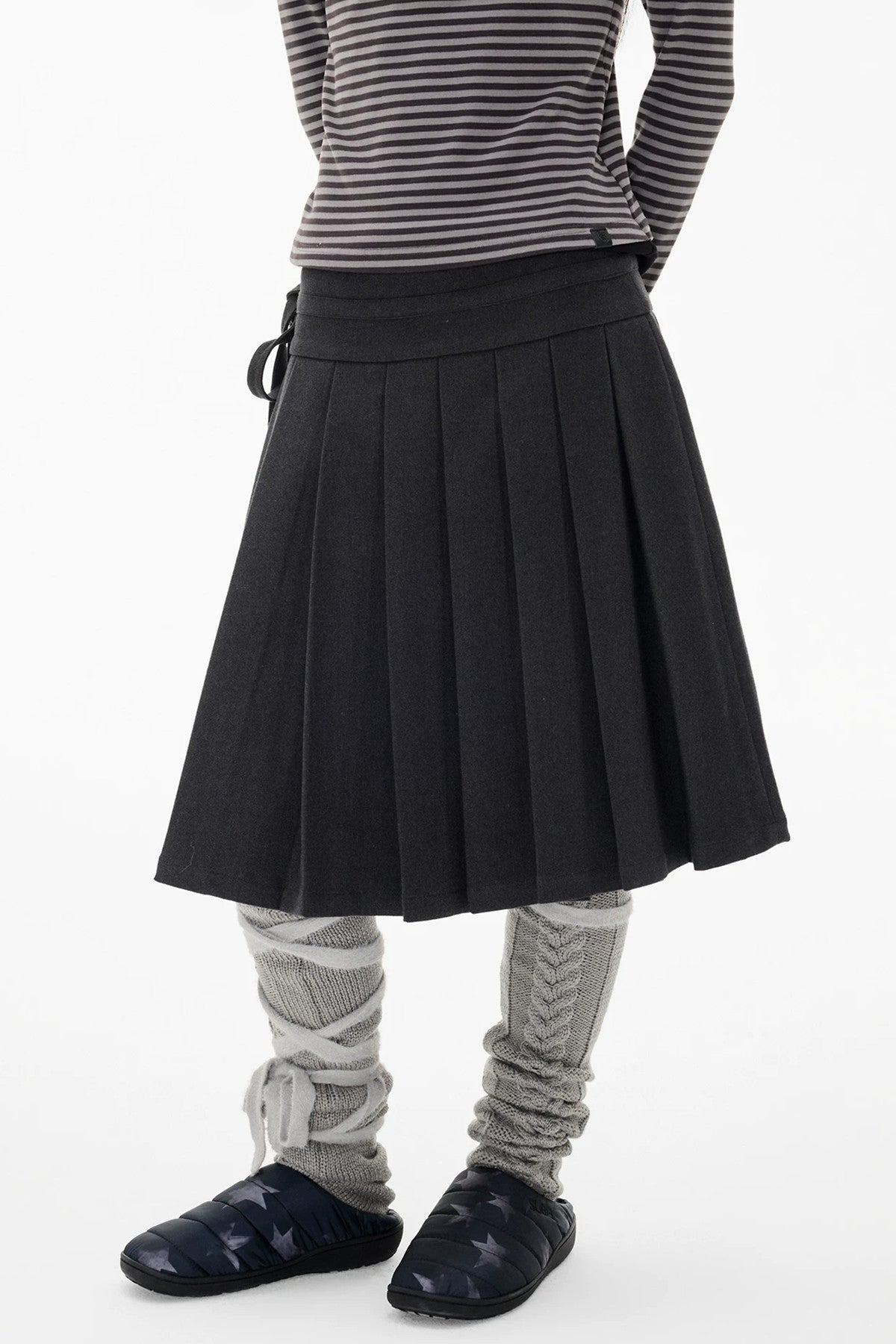 Double-Breasted Wool Coat and Pleated Skirt Set