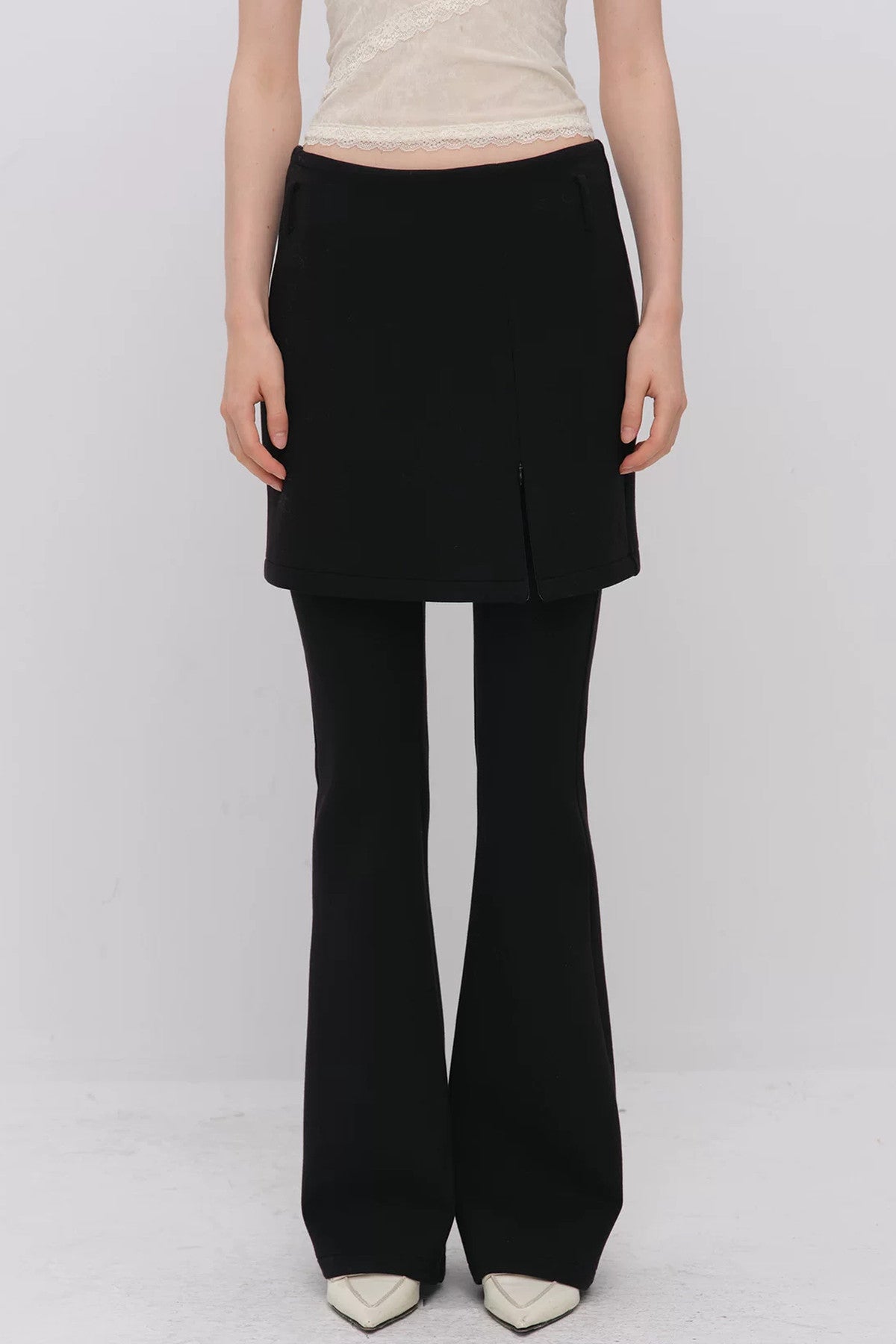Layered-Look Slit Skirt-Style Flared Pants